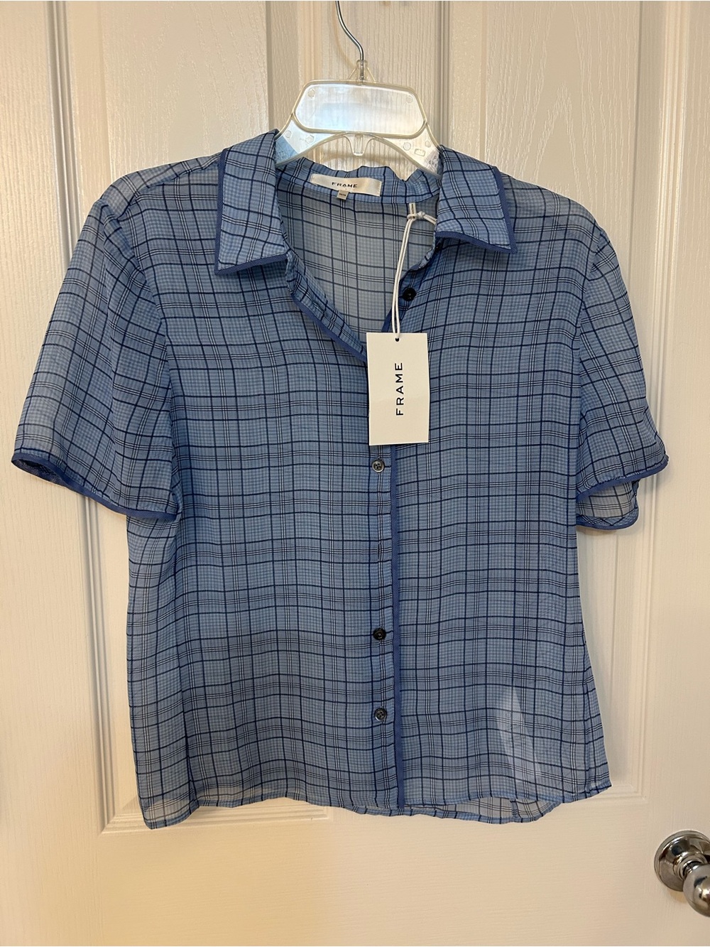FRAME The Silk Plaid Shirt in Sky Blue Multi Size M - Picture 6 of 8